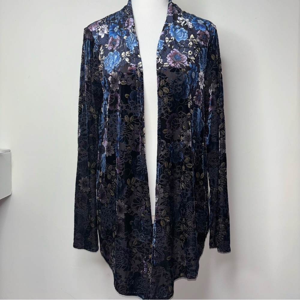 ZOA Velvet Burnout Iridescent Floral Open Cardigan M Lagenlook Boho Goth Fairy - Picture 9 of 16
